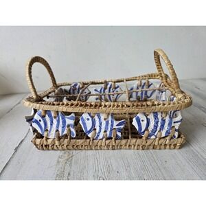 Wicker fish basket picnic drinks condiments summer party decor with handles